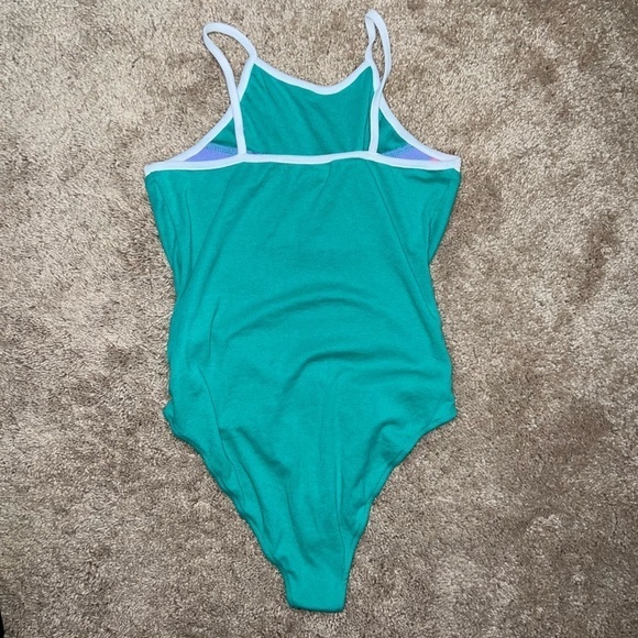 Forever 21 Green Bodysuit With White Trim and Colorful Band Across the Chest Med - Picture 3 of 8